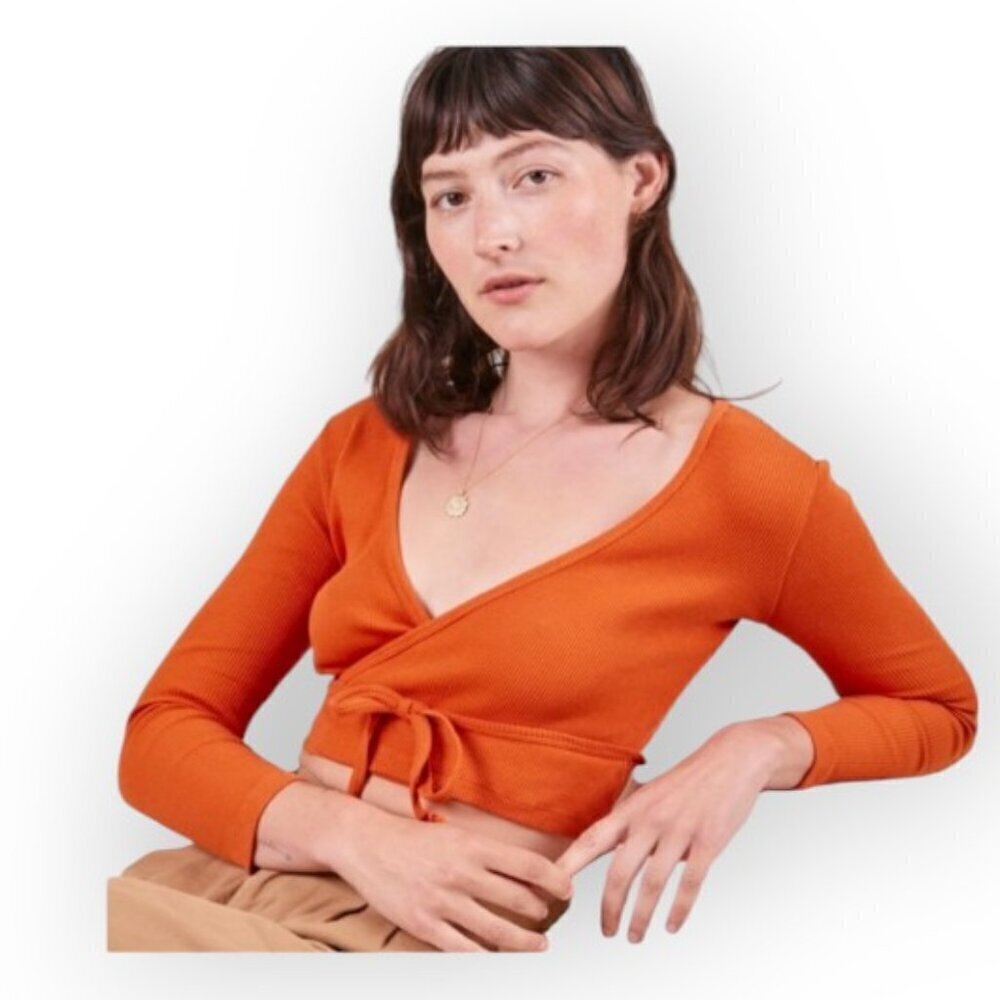 Big Bud Press Orange Long Sleeve Ribbed Cotton Wrap Top XXS Cropped 70s Style